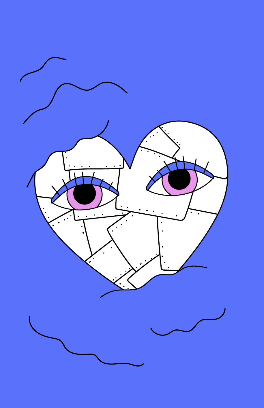 Corazón de papel con ojos y fondo azul.