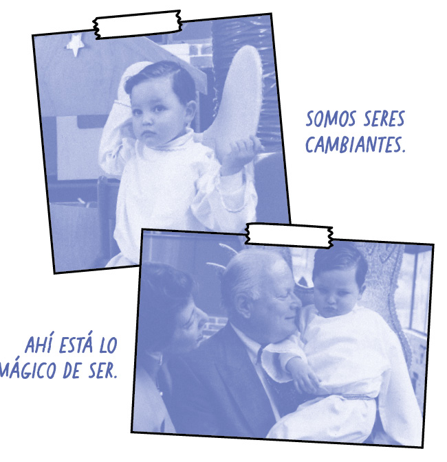 Dos fotos de un niño con adultos y texto inspirador.