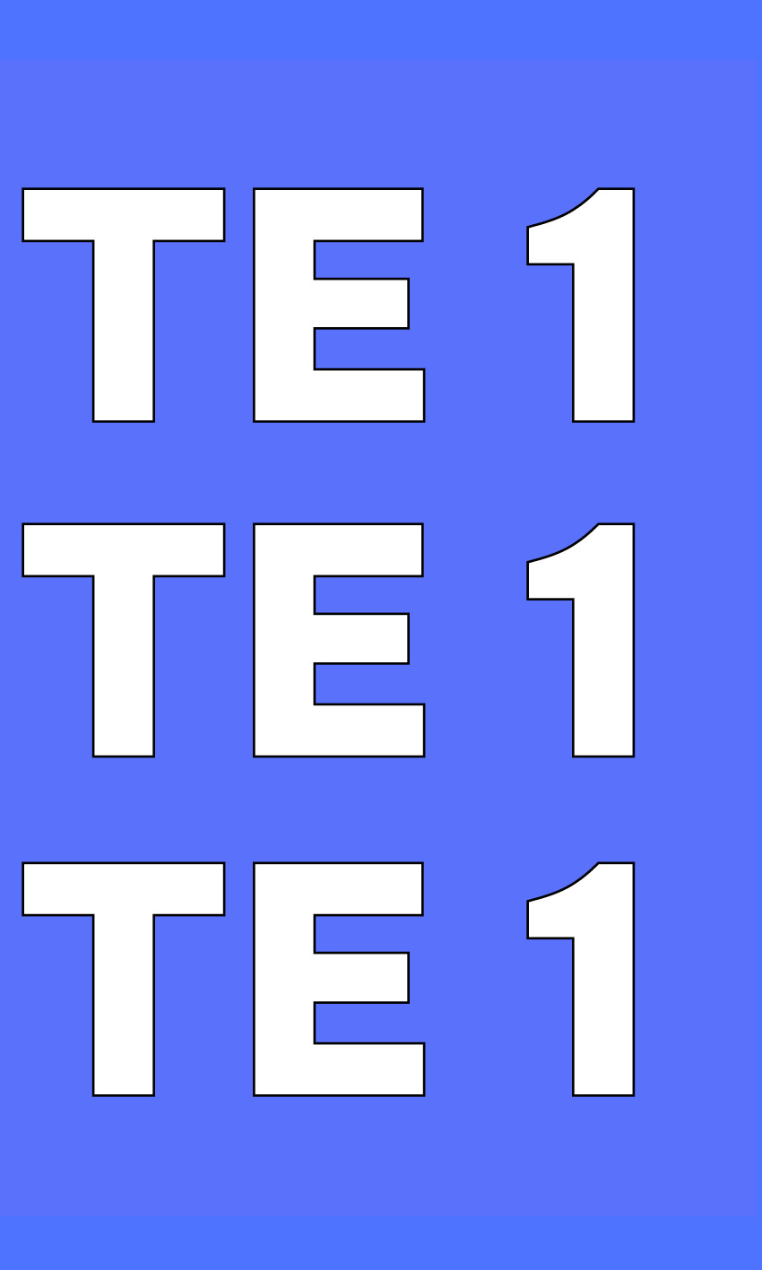 Tres textos "TE 1" en blanco sobre fondo azul.