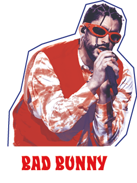 Bad Bunny cantando con gafas rojas.