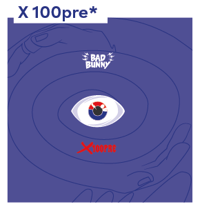 Ilustración del álbum "X 100pre" de Bad Bunny con un ojo y manos.
