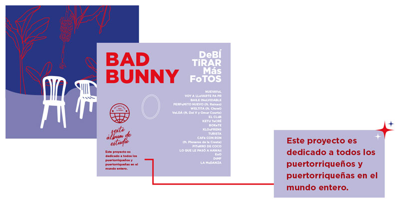 Arte de Bad Bunny con texto en homenaje a puertorriqueños.