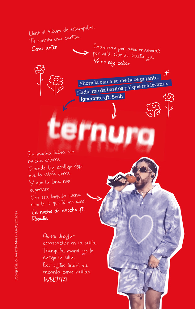 Collage con letra de canción y cantante en escenario.