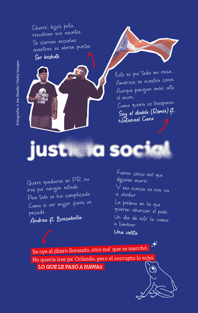 Cartel con texto sobre justicia social y gráficos de protestas.