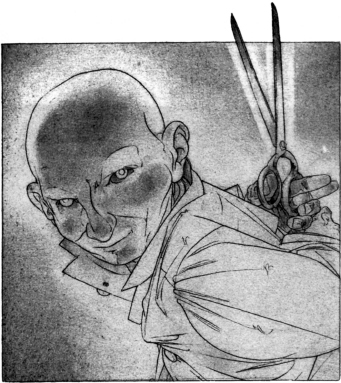 Ilustración de un hombre calvo con bata blanca y unas largas tijeras en las manos