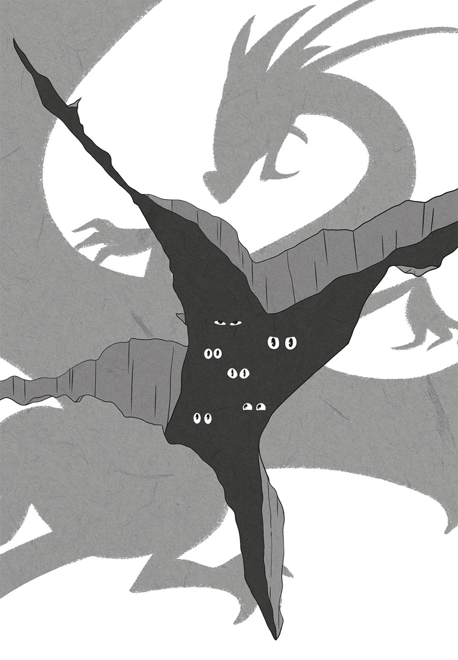 Ilustración de unos ojos mirando en la oscuridad hacia el exterior. En el exterior sobrevuela la sombra del dragón
