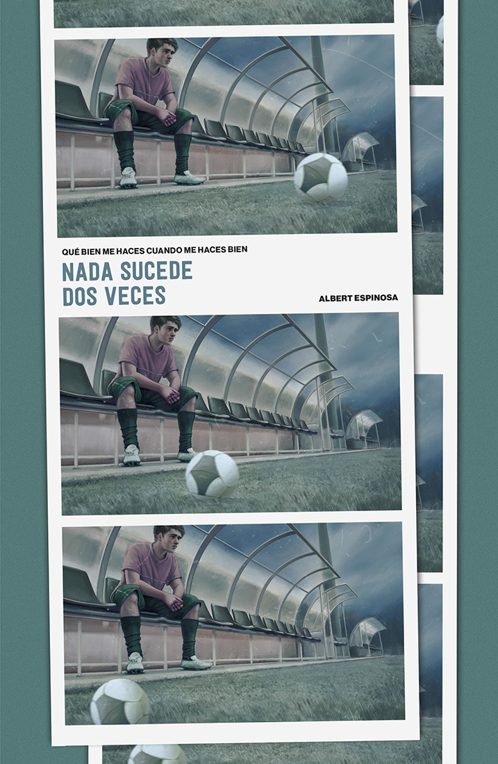 Nada sucede dos veces. Ristra de fotos de un chico sentado en un banquillo de un campo de fútbol. Mira hacia delante mientras la pelota pasa cerca de sus pies.