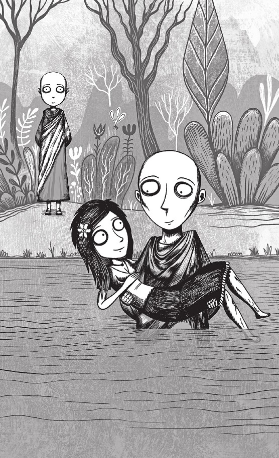 Ilustración de un río en el que hay lo que asemeja a un monje con túnica sosteniendo a una niña en brazos mientras el agua le cubre hasta la cintura. Detrás, en la orilla, les observa otro monje.