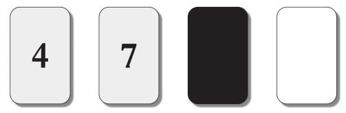 Imagen de cuatro cartas de naipes que muestran, de izquierda a derecha, el número 4, número 7, carta en negro y carta en blanco.