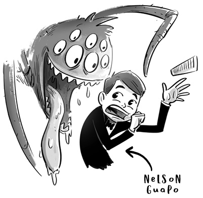 Ilustración de Nelson vestido con esmoquin pero gritando asustado con una araña gigante detrás de él. La araña está soriendo y con la lengua fuera.