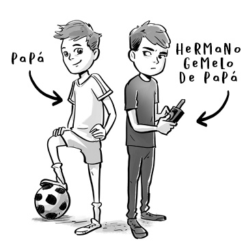 Ilustración del padre de Nelson de joven vestido de jugador de fútbol con un balón en los pies y al lado su hermano gemelo, vestido de negro y con cara de denfado