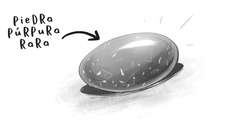 Ilustración de una piedra con motas extrañas pegadas. Al lado se ha escrito a mano Piedra púrpura rara, y una flecha que la señala.
