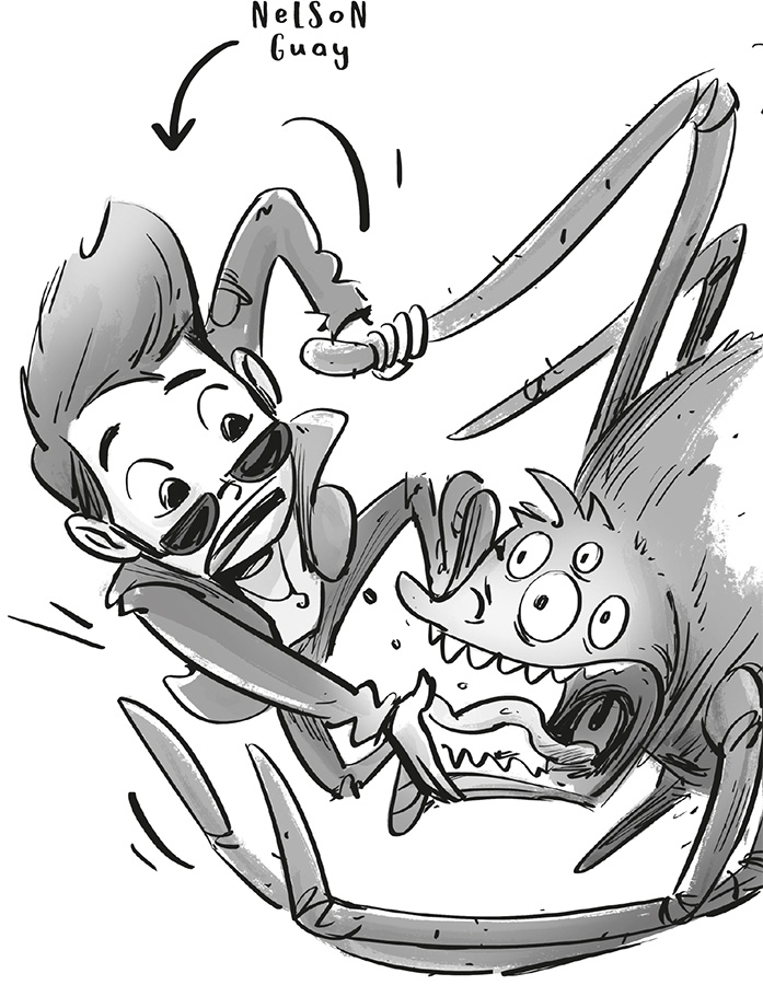 Ilustración de Nelson vestido moderno luchando asustado con la araña gigante.