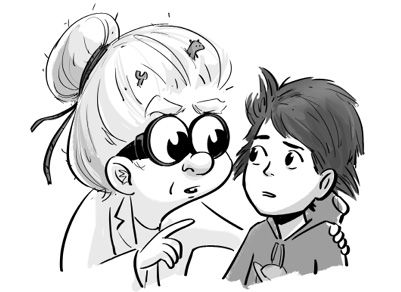 Ilustración de la abuela de Nelson hablando con él. 