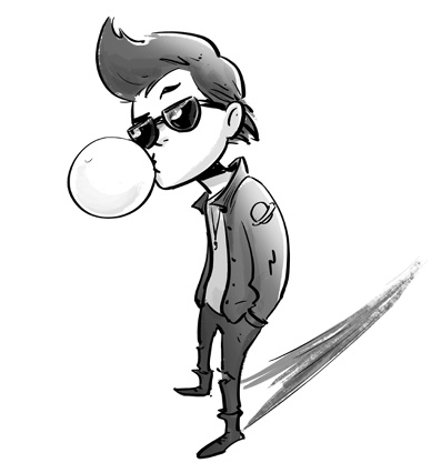 Ilustración de Nelson vestido con una chaqueta moderna, gafas de sol, peinado con tupé y creando un globo de chicle en su boca
