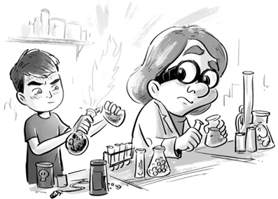 Ilustración del tio de Nelson experimentando con probetas, con cara de concentración. De una de ellas sale una extraña llama.
