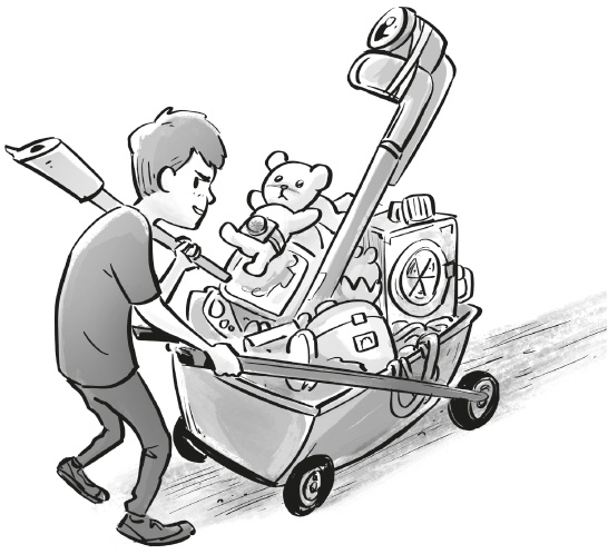 Ilustración del tio de Nelson con un carro llenod e juguetes y aparatos.
