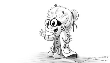 Ilustración de la abuela con una bata de laboratorio, zapatillas en forma de conejo, gafas y el cabello recogido en un moño del que salen objetos extraños.