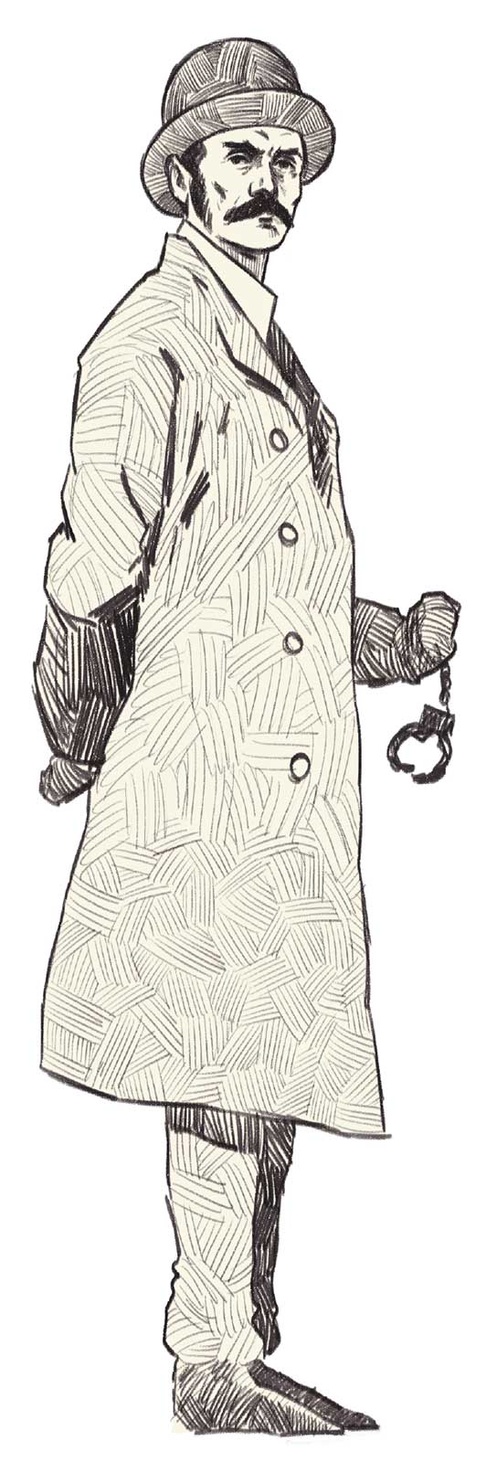 Ilustración de un hombre con bigote que viste una gabardina larga y sostiene unas manillas.