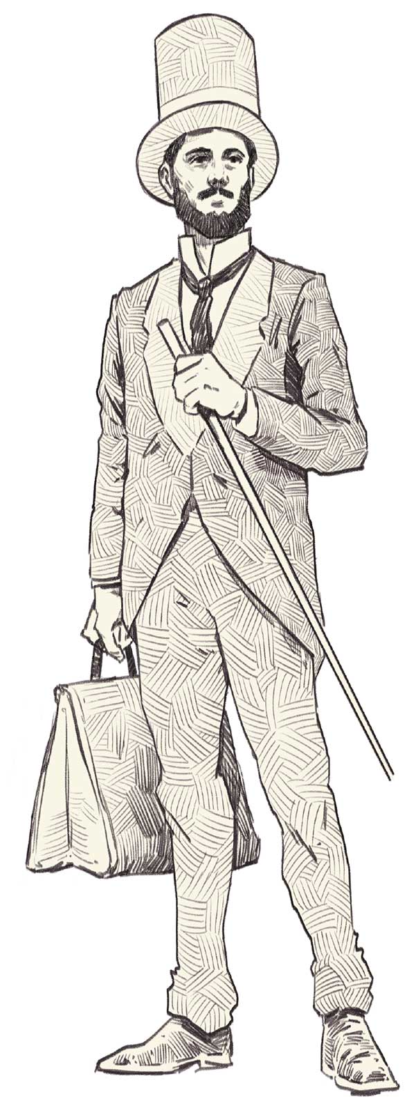 Ilustración de un hombre de barba espesa con sombrero. En una mano sujeta un maletín y con la otra agarra un bastón.