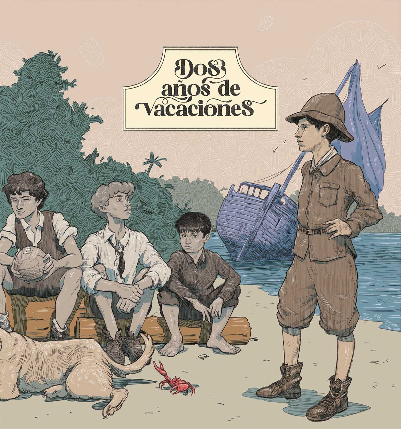 Portadilla con el título: «Dos años de vacaciones». Es una ilustración de una playa. Sentados en un tronco hay cinco chicos de distintas edades y de pie tres más. Ante ellos hay un perro de gran tamaño y color marrón claro junto a un par de cangrejos y, al fondo, en el mar, flota un barco de vela inclinado hacia un lado. Encima de los chicos hay la imagen superpuesta de una mujer recostada en un árbol.