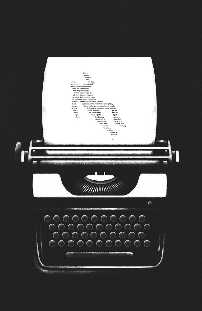 Ilustración de una máquina escribir con un papel en el que hay letras que forman la figura de una persona tumbada