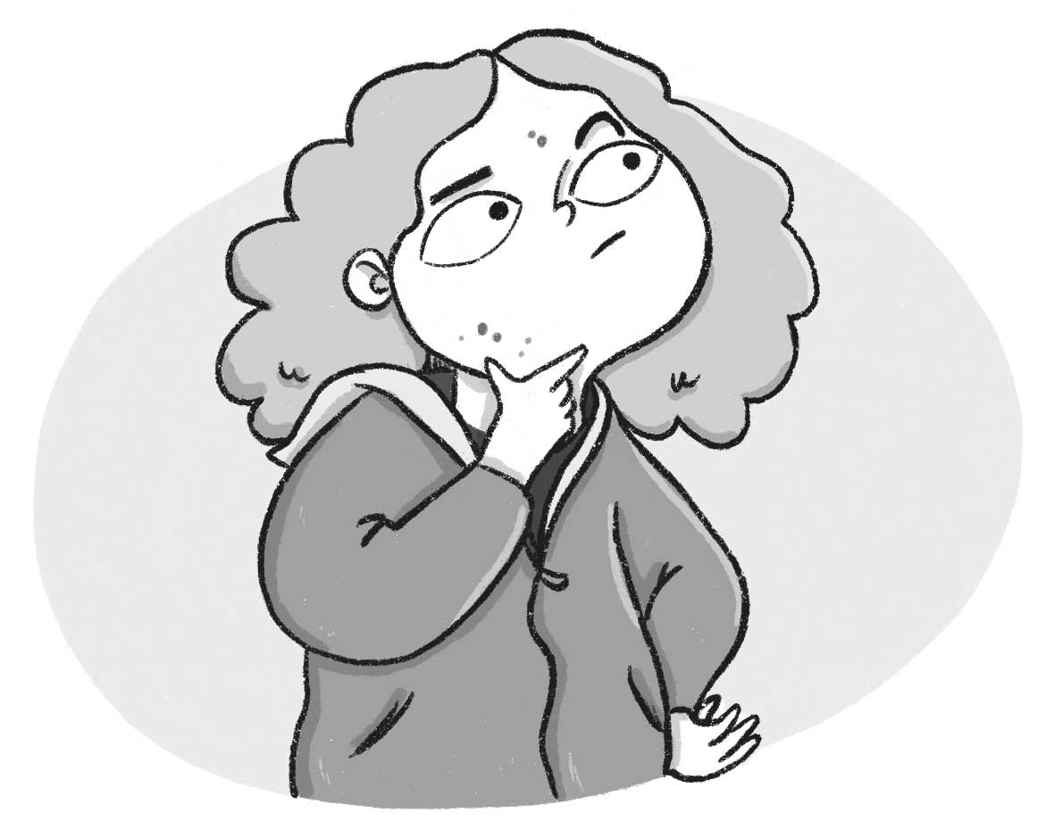 Ilustración de una chica con el pelo largo y ondulado mirando hacia arriba mientras se acaricia la barbilla con una mano.