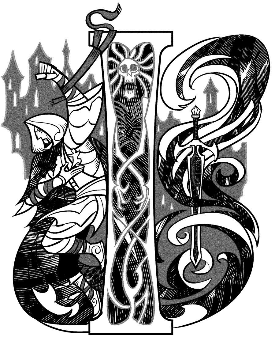 Letra capitular I, ilustrada en grises por Jian Guo. La letra en sí contiene un esqueleto con la boca abierta y los brazos cruzados, como si el cuerpo de la I fuese un ataúd. De la letra cuelga por la izquierda un hombre encapuchado con la mano derecha en el pecho. En su antebrazo izquierdo lleva una tela enrollada cuyo otro extremo está enrollado a la parte superior de la letra, en cuya parte de abajo apoya los pies. A la izquierda hay una espada negra flotando entre humo negro, apuntando hacia abajo, y se ven unos edificios grises de fondo.