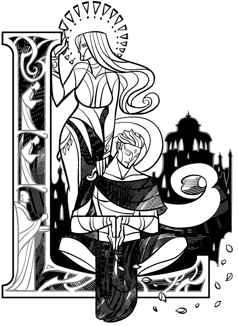 Letra capitular L, ilustrada en grises por Jian Guo. El grueso trazo vertical de la letra está dividido en tres, y en cada parte se ve a un hombre de perfil vestido con túnica, en distintas posturas votivas. Sobre el trazo horizontal de la letra está sentado con las piernas cruzadas un hombre de pelo claro vestido con túnica, que tiene las manos juntas con los dedos hacia abajo, en pose meditativa. De pie junto a él, con una mano en la letra, hay una mujer de larga melena clara y formas voluptuosas, ataviada con un vestido muy revelador y joyas en el muslo, que mira hacia la izquierda y parece tener una especie de halo rodeándole la cabeza. De fondo se ve la sombra de un edificio terminado en bóveda.