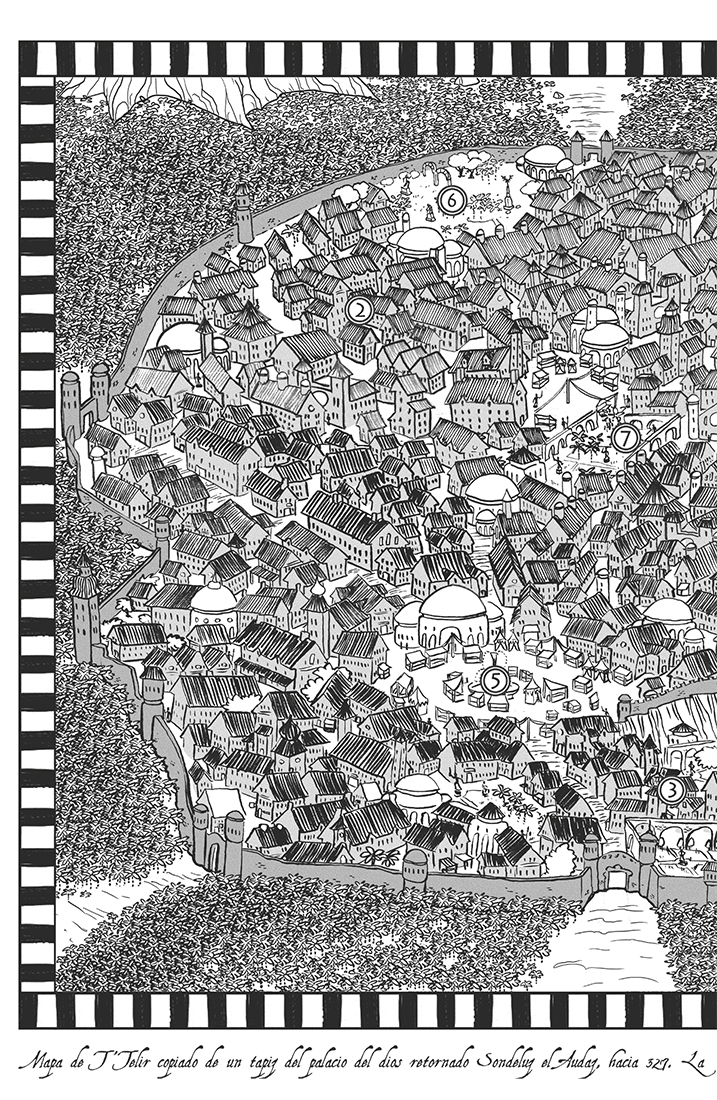 Mapa en blanco y negro de aspecto antiguo, creado por Shawn Boyles, que representa una ciudad costera amurallada vista desde una posición elevada. La cara inferior de la ciudad tiene muralla doble, con una franja de edificios entre el muro exterior y el interior. Toda la parte costera, en la parte derecha del mapa, está cubierta de muelles rectos o en L. La inmensa mayoría de los edificios son de color gris, pero destacan algunos en blanco, los más lujosos. Hay siete localizaciones señaladas con números: 1. La Corte de los Dioses, unos edificios con cúpula en la parte sudeste. 2. Las tierras altas, unos edificios grises al oeste. 3. Casa de Lemex, una casa gris al sur, cerca del portón de la muralla. 4. Escondrijo de Denth, una casa gris muy al este, pegada a los muelles. 5. Mercado, una extensión de puestos en el suroeste, dominados por tres edificios blancos con cúpula. 6. Jardín de los D’Denir, un parque extenso con árboles al noreste de la ciudad. 7. Jardín de la encrucijada, una plaza ajardinada muy cerca del centro de la ciudad. También hay un texto que recorre la parte de abajo: «Mapa de T’Telir copiado de un tapiz del palacio del dios retornado Sondeluz el Audaz, hacia 327. La representación artística de la ciudad no está a escala, pero es una referencia útil de las localizaciones relativas.