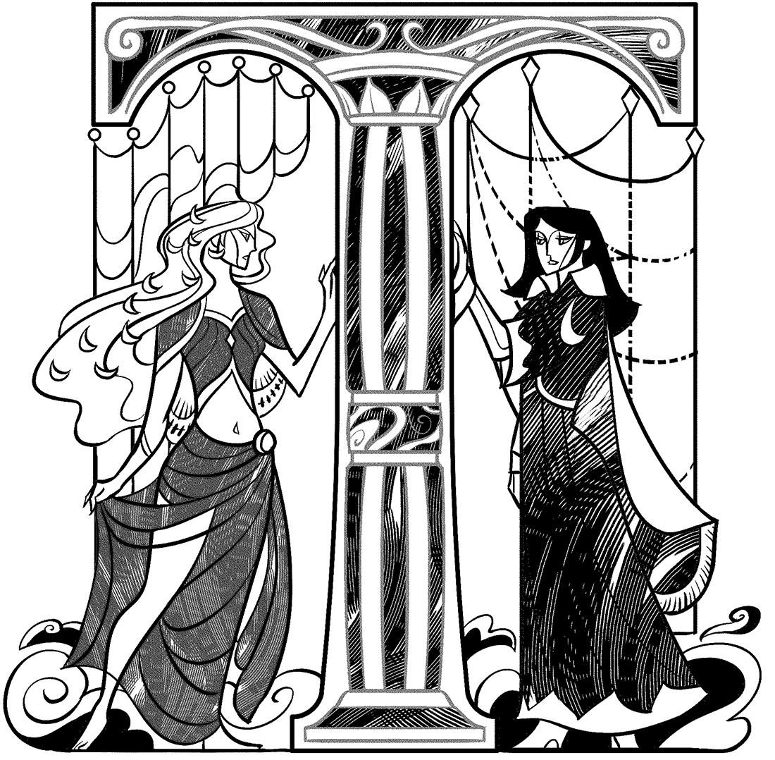 Letra capitular T, ilustrada en grises por Jian Guo. La letra en sí tiene forma de columna con doseles a ambos lados de la parte de arriba. Bajo los doseles hay sendas mujeres de pie, ambas con una mano en la columna central. La mujer de la izquierda, de larga melena clara adornada con medias lunas, lleva un vestido vaporoso y revelador, que le deja al descubierto el ombligo y una pierna casi entera. La mujer de la derecha tiene el pelo negro por los hombros y lleva un vestido mucho más modesto, oscuro ribeteado de blanco.