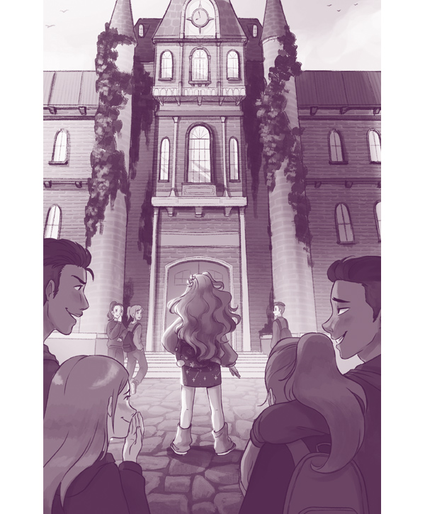 Ilustración de la fachada principal de un instituto. Se ve a una chica de pie ante la puerta. Está de espaldas y tiene el pelo ondulado y largo. Varios chicos y chicas la observan conteniendo la risa.