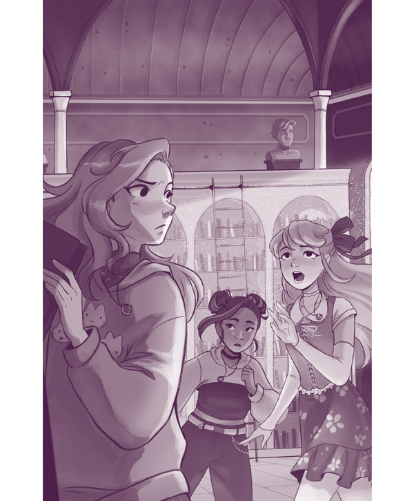 Ilustración del interior de un instituto en la que hay tres chicas con una actitud poco amistosa.