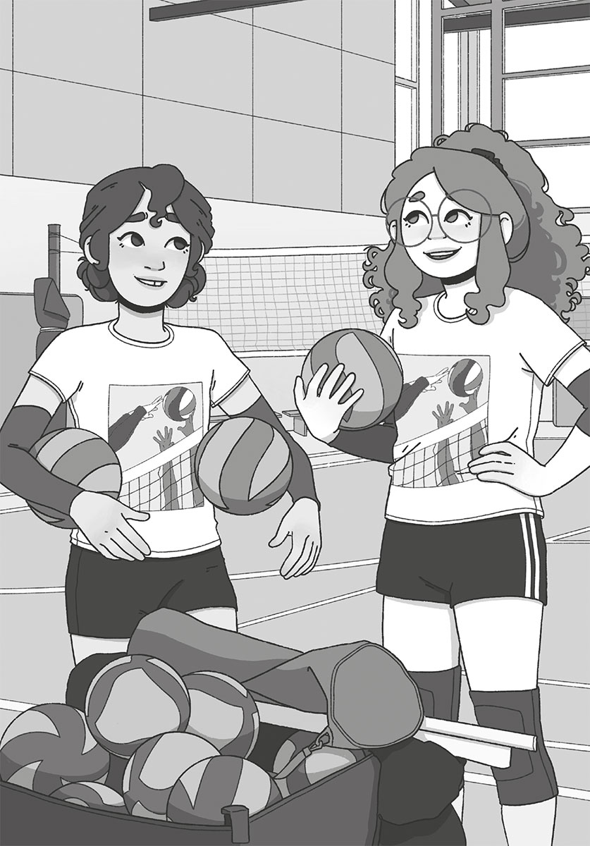 Ilustración en blanco y negro de Ana y Goa en el gimnasio hablando mientras sostienen unas pelotas de vóley.