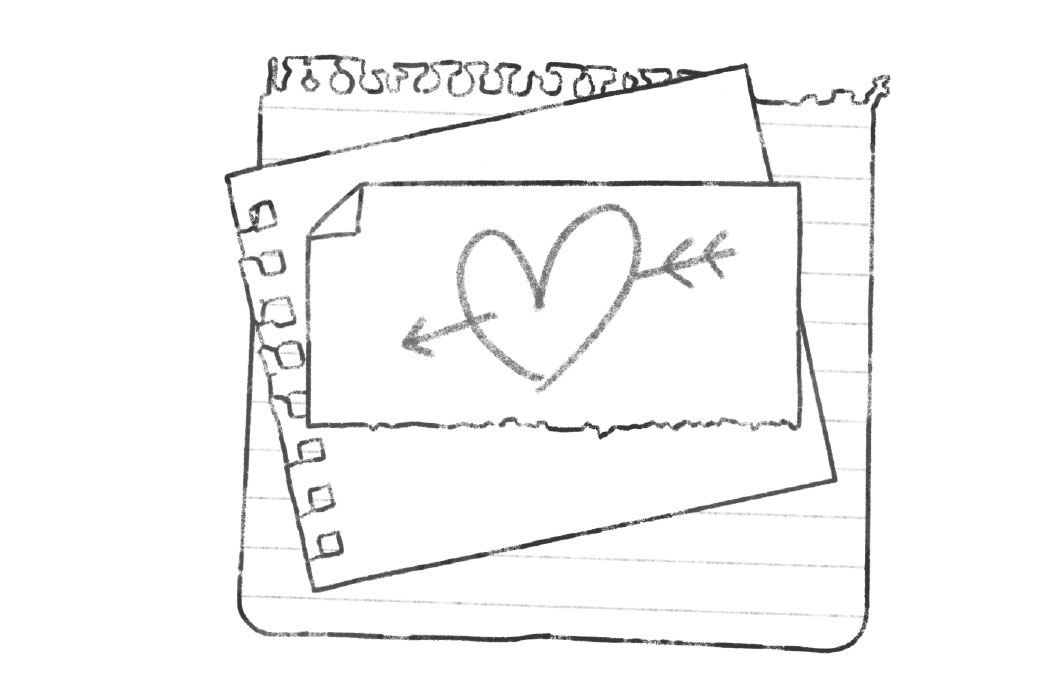 Ilustración en blanco y negro de un recorte de hojas donde se ve dibujado un corazón atravesado por una flecha. 