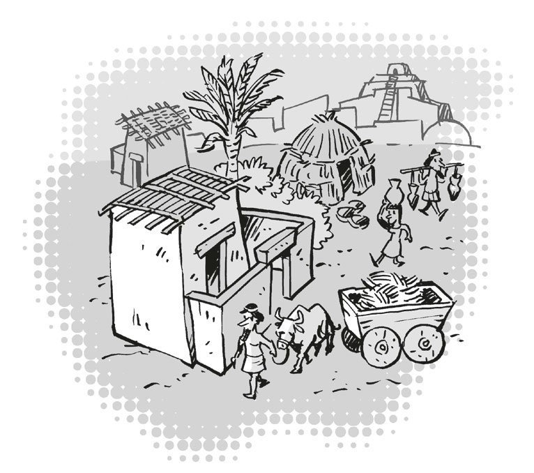 Ilustración de la vista de una población donde coexisten chamizos de paja con construcciones de adobe y templos. Hay humanos que manipulan vehículos de carga con ruedas, animales domesticados y recipientes de barro cocido.