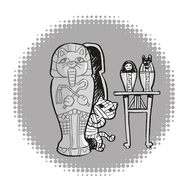 Ilustración de un sarcófago egipcio que representa a un felino sale una momia de gato. Junto al sarcófago, sobre una mesa, hay dos vasos canopos, uno de ellos representa a Anubis.