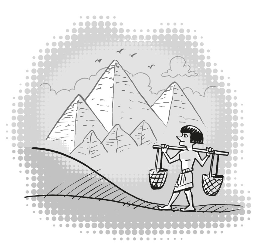 Ilustración de una figura humana que transporta carga con un yugo y dos cestas en equilibrio contempla las pirámides de Guiza; en primer término, las denominadas pirámides de las reinas y al fondo las de Micerino, Kefrén y Keops.