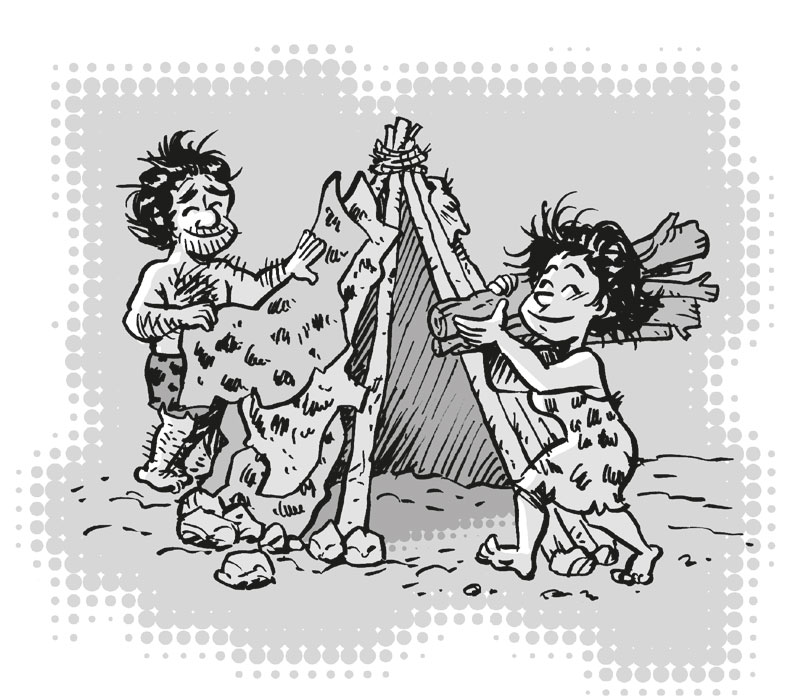 Ilustración de un hombre vestido solo con un taparrabos cubre una estructura de madera de un tipi con pieles de animal. Una mujer, vestida también con pieles, transporta unas piezas de leña.