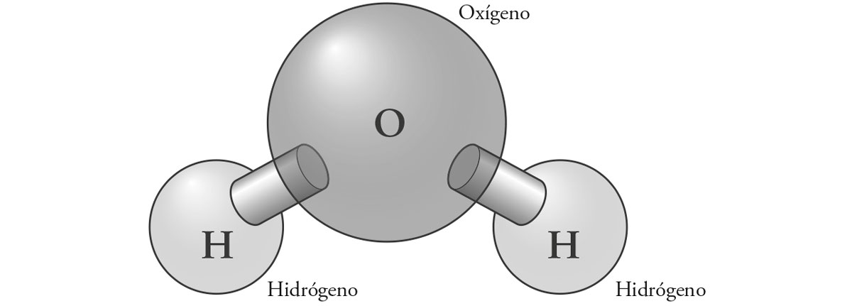 Ilustración que representa la unión de un átomo de oxígeno y dos de hidrógeno que forman la molécula del agua.