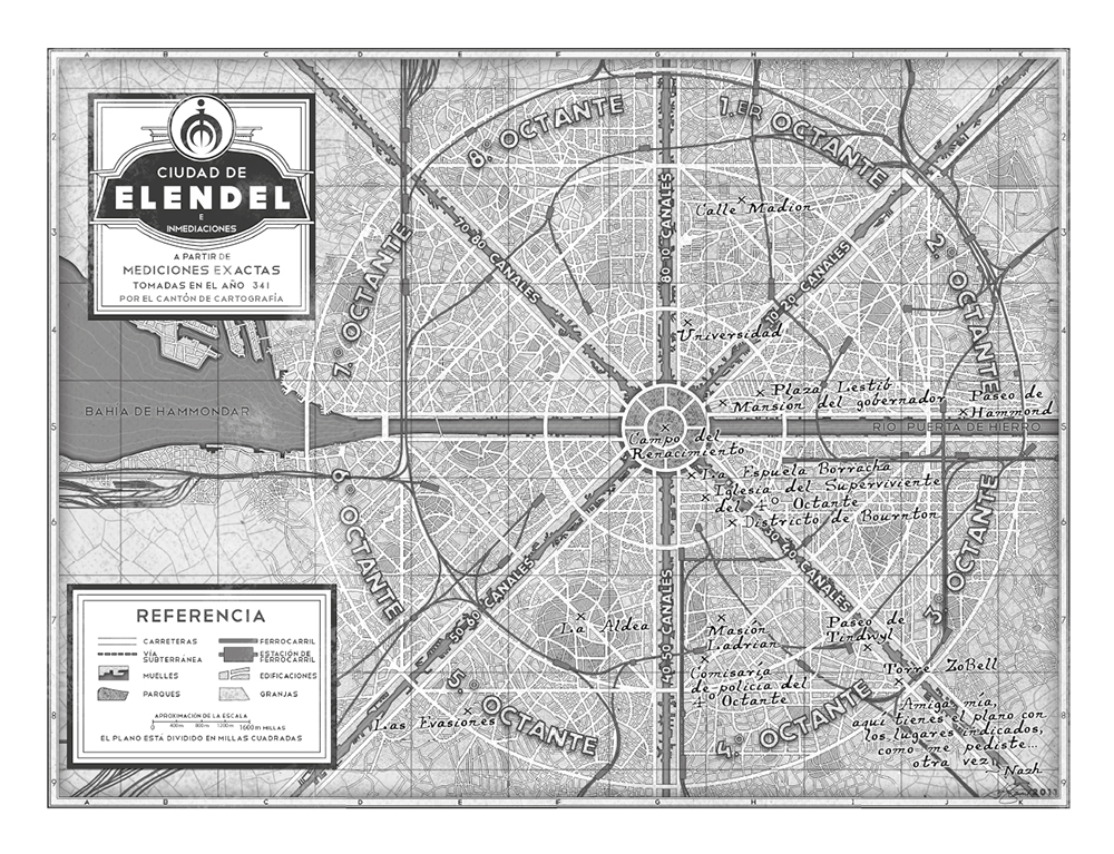 Mapa de la ciudad de Elendel donde aparecen los mismo lugares destacados que en mapa a color anterior
