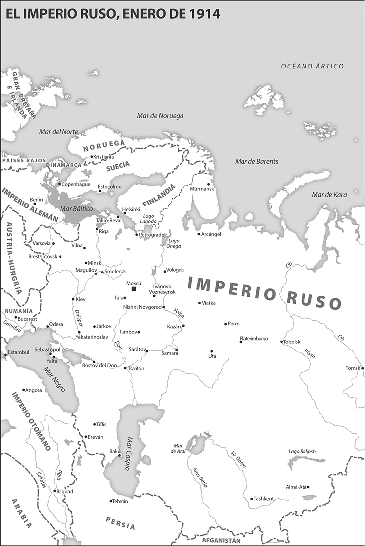 Primera parte(izquierda)del mapa del imperio ruso, con fecha de enero de 1914, delimitado de norte a sur por Finlandia, elImperio Alemán, Austria-Hungría, Rumanía, Imperio otomano, Persia, Afganistán, Mongolia y China.