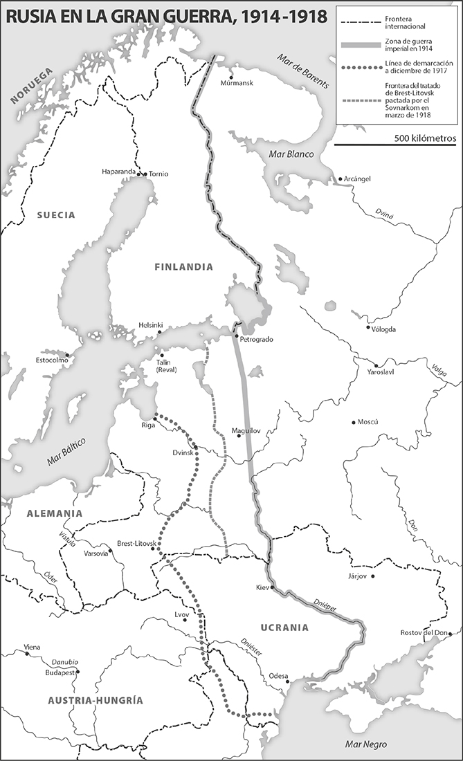 Mapa de Rusia en la gran guerra, 1914-1918. Aparece una línea que marca la frontera internacional, la zona d eguerra imperial en 1914, la línea de demarcación de diciembre de 1917 y la frontera del Titulado de Brest-Litosik.