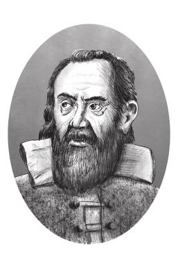  Retrato ilustrado en blanco y negro de Galileo Galilei, representado de busto y de tres cuartos, con cabello corto, barba abundante y cuello blanco sobre una prenda oscura, dentro de un marco ovala
        </div>
                    <div id=