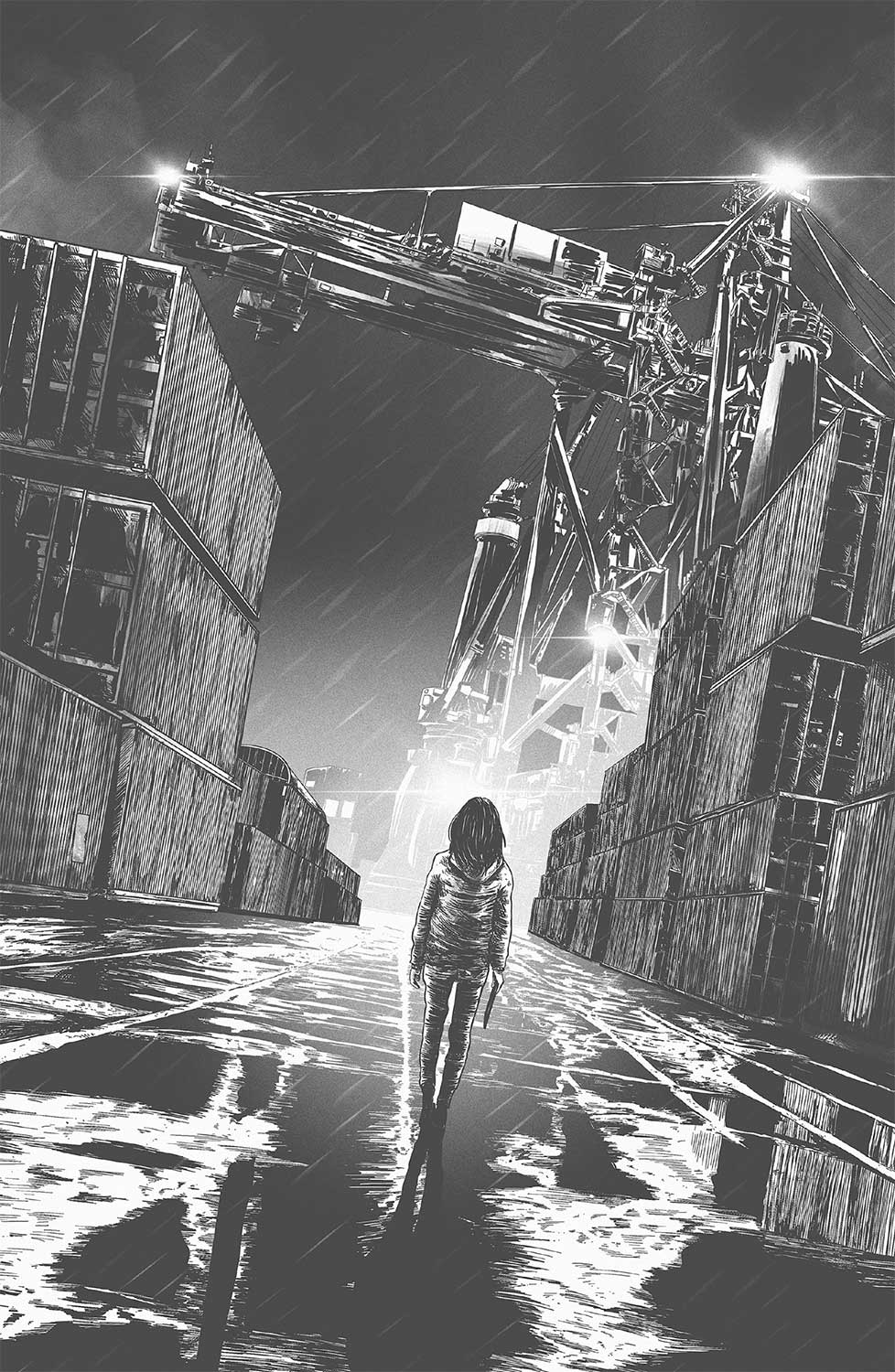 Ilustración de Eva de espaldas caminando entre grandes pilas de contenedores del puerto. Em el gonfo hay un gran grúa y está lloviendo.