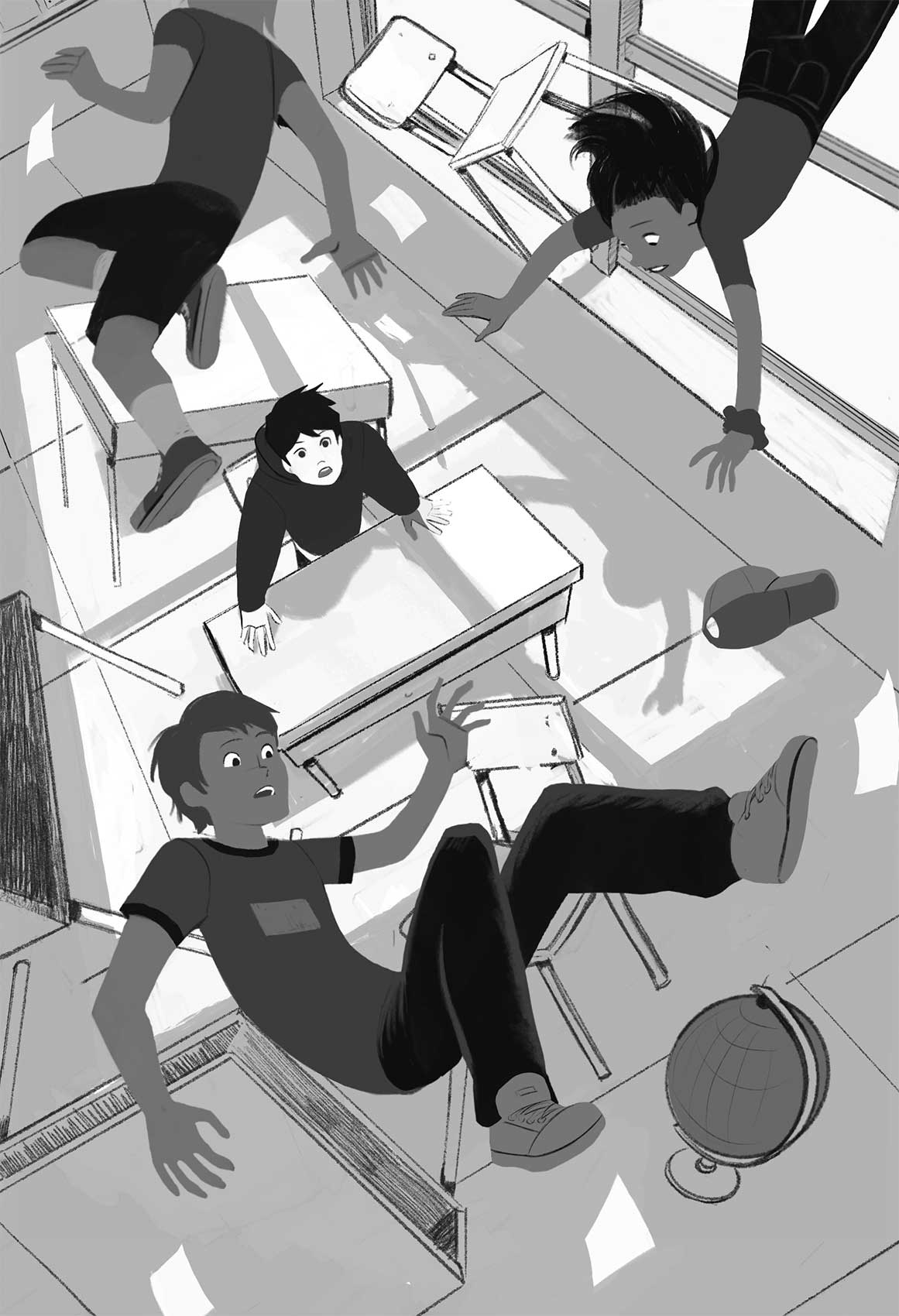 Ilustración de tres niños flotando en el aire dentro de una clase. Un cuarto niño está de pie mirando a sus compañeros desde abajo.