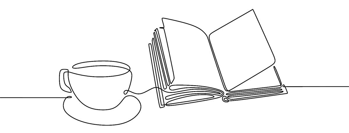 Ilustración de una taza junto a un libro abierto