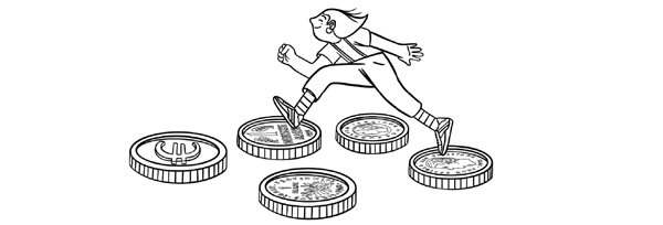 Ilustración de una chica saltando de moneda en moneda. Cada una tiene el símbolo de un país distinto.