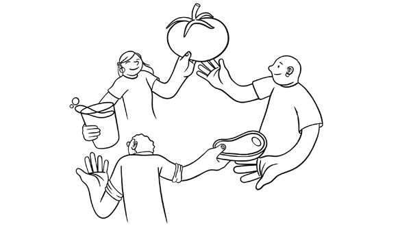 Ilustración de tres personas situadas en un círculo pasándose varios productos: un vaso lleno, un filete y un tomate.