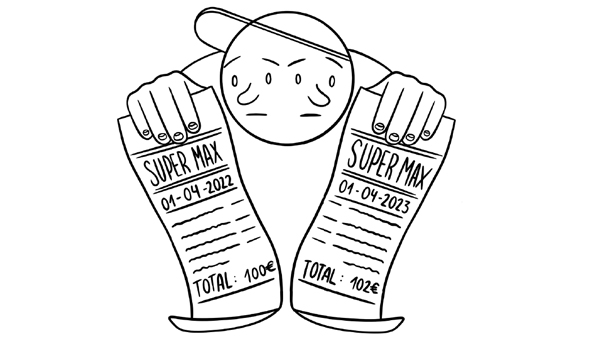 Ilustración de un chico con una gorra mirando alternativamente dos tíquets de supermercado con la misma fecha y distintas cantidades de total: 100€ y 102€, respectivamente.